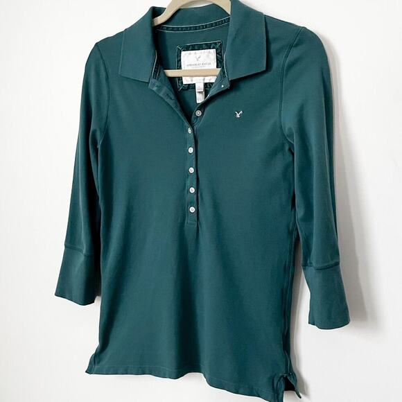 American Eagle AE Eagle Polo Teal Womens Large 3/4 Sleeve Y2K Fitted - Picture 2 of 11